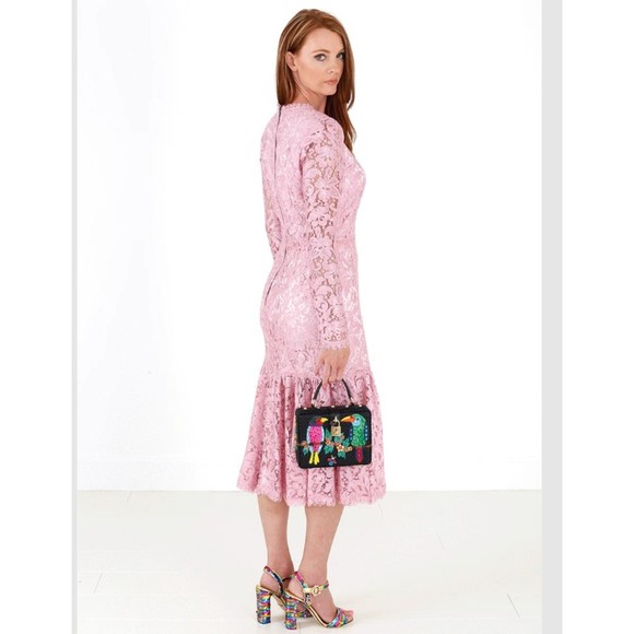 Dolce & Gabbana Pink Floral Guipure Lace Flounce Hem Midi Dress Silk Size 38 - Picture 2 of 5